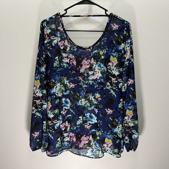 Charming Charlie | Navy Blue Floral Print Chiffon Long Sleeve Top Large Prairie - Picture 2 of 5